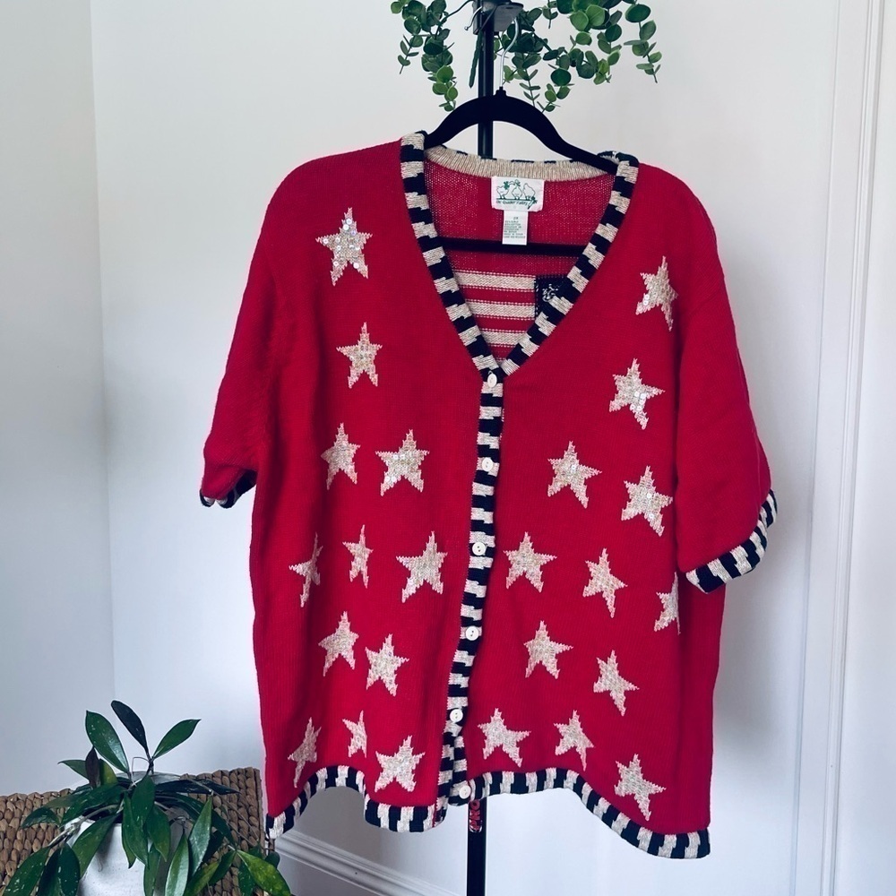 The Quacker Factory USA Flag Short Sleeve Cardigan Sweater | 2X